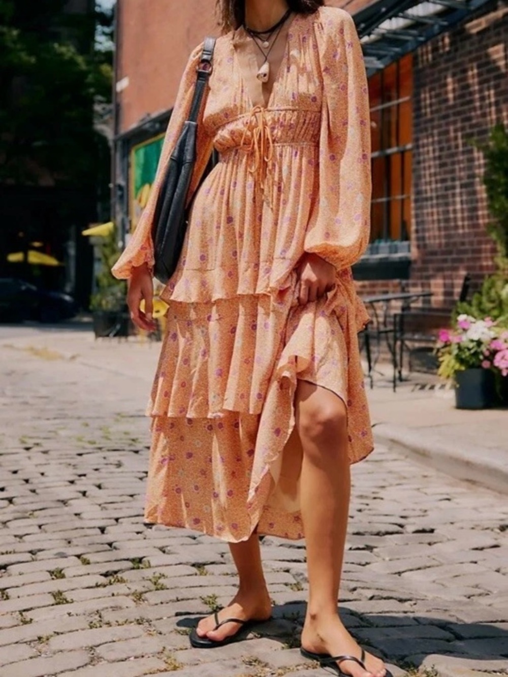 Free People Women's Orange Floral Tiered Maxi Dress with Drawstring Waist